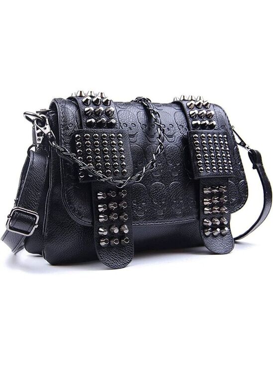 Spuly Handbags - Black Leather Skull Crossbody Bag Chain Gothic Shoulder Biker Rocker Studded NWT